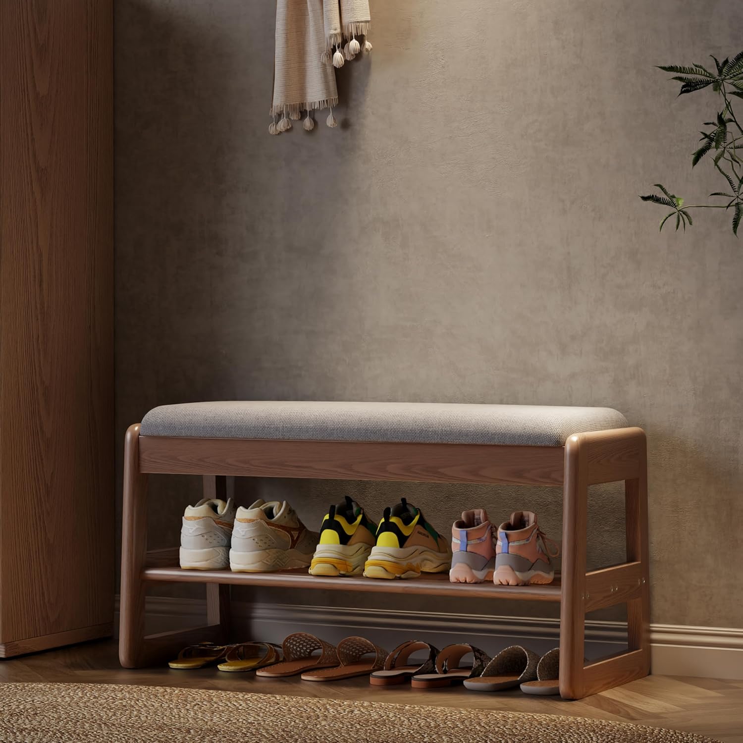 Shoe Rack Bench with Cushion,2 Tiers Shoe Bench with Flip-Open Storage Box,Wood Entryway Bench for Hallway, Mudroom（Walnut 2-Tier,31.5"） - Grand Goldman