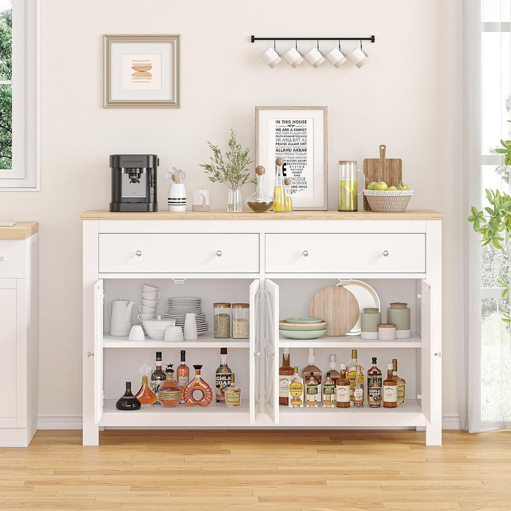 Sideboard Buffet Cabinet, 55" Large Kitchen Storage Cabinet with 2 Drawers and 4 Doors, Modern Farmhouse Coffee Bar Cabinet, Barn Doors Storage Cabinet for Kitchen, Living Room - Grand Goldman