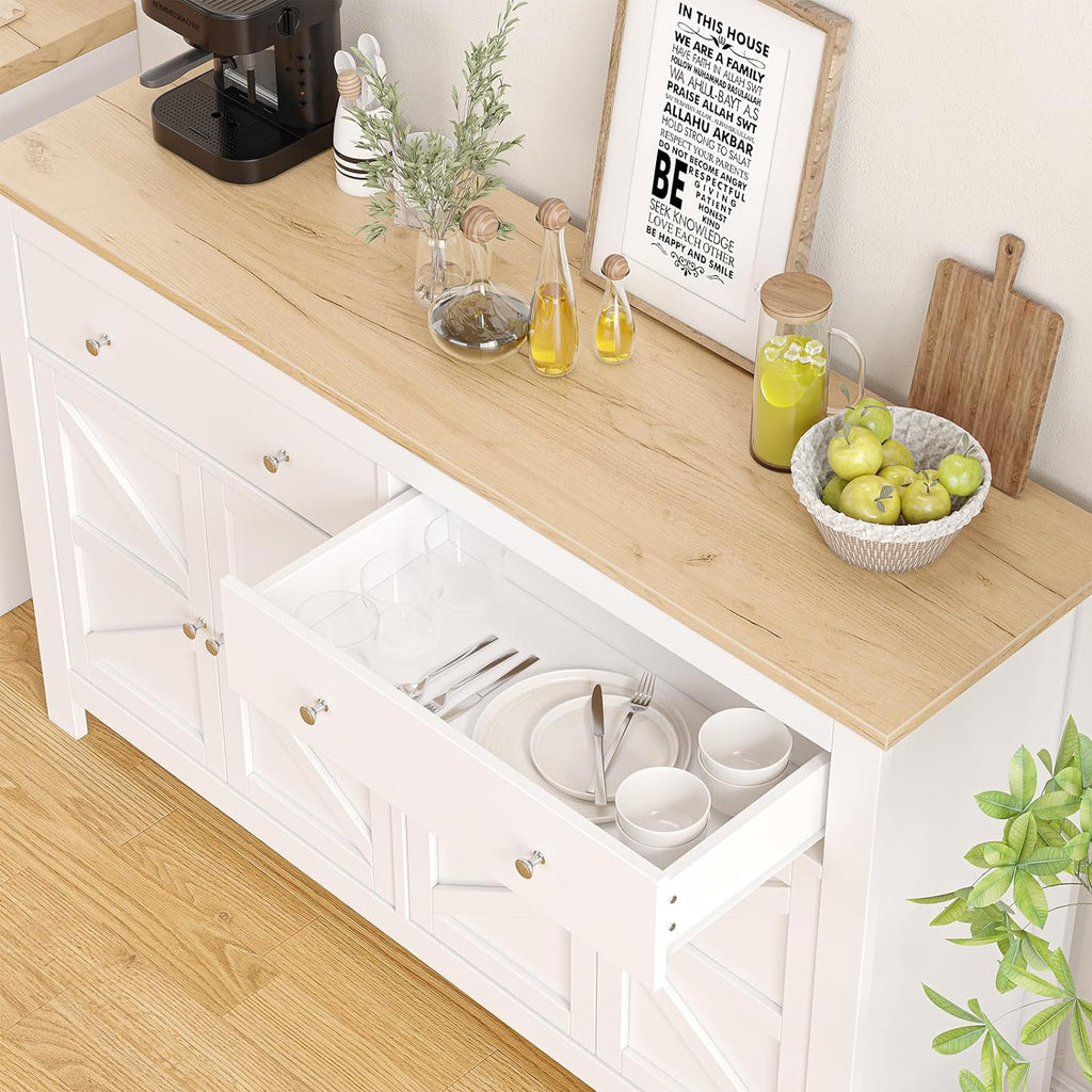 Sideboard Buffet Cabinet, 55" Large Kitchen Storage Cabinet with 2 Drawers and 4 Doors, Modern Farmhouse Coffee Bar Cabinet, Barn Doors Storage Cabinet for Kitchen, Living Room - Grand Goldman