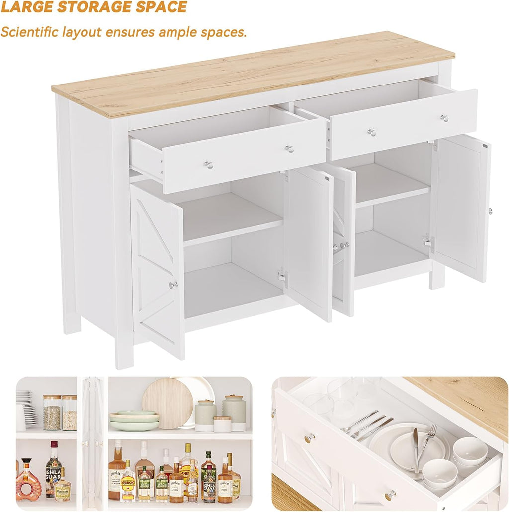 Sideboard Buffet Cabinet, 55" Large Kitchen Storage Cabinet with 2 Drawers and 4 Doors, Modern Farmhouse Coffee Bar Cabinet, Barn Doors Storage Cabinet for Kitchen, Living Room - Grand Goldman