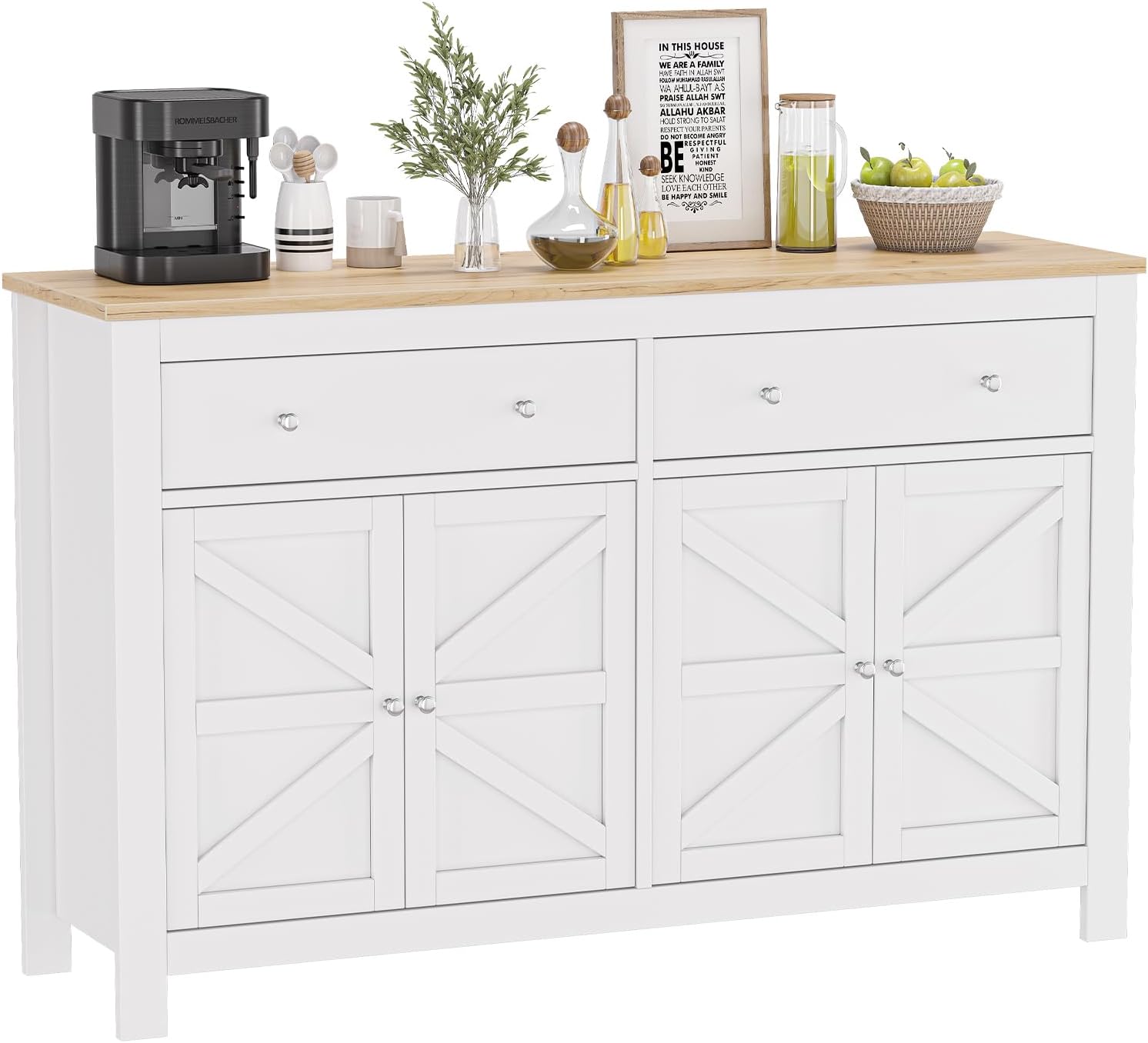 Sideboard Buffet Cabinet, 55" Large Kitchen Storage Cabinet with 2 Drawers and 4 Doors, Modern Farmhouse Coffee Bar Cabinet, Barn Doors Storage Cabinet for Kitchen, Living Room - Grand Goldman