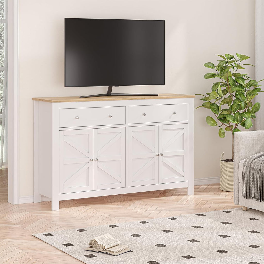 Sideboard Buffet Cabinet, 55" Large Kitchen Storage Cabinet with 2 Drawers and 4 Doors, Modern Farmhouse Coffee Bar Cabinet, Barn Doors Storage Cabinet for Kitchen, Living Room - Grand Goldman
