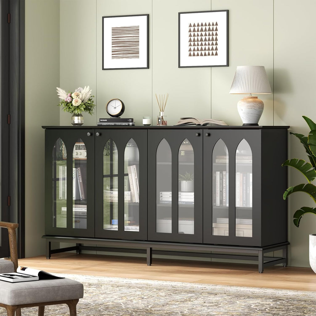 Sideboard Buffet Cabinet with 4 Glass Doors, Black Buffet Cabinet with Storage, Credenza Cabinet with Adjustable Shelf, 53’’ Kitchen Cabinte with Glass Door (Black) - Grand Goldman