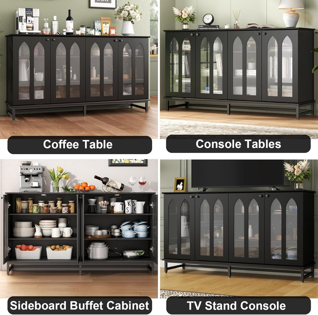 Sideboard Buffet Cabinet with 4 Glass Doors, Black Buffet Cabinet with Storage, Credenza Cabinet with Adjustable Shelf, 53’’ Kitchen Cabinte with Glass Door (Black) - Grand Goldman