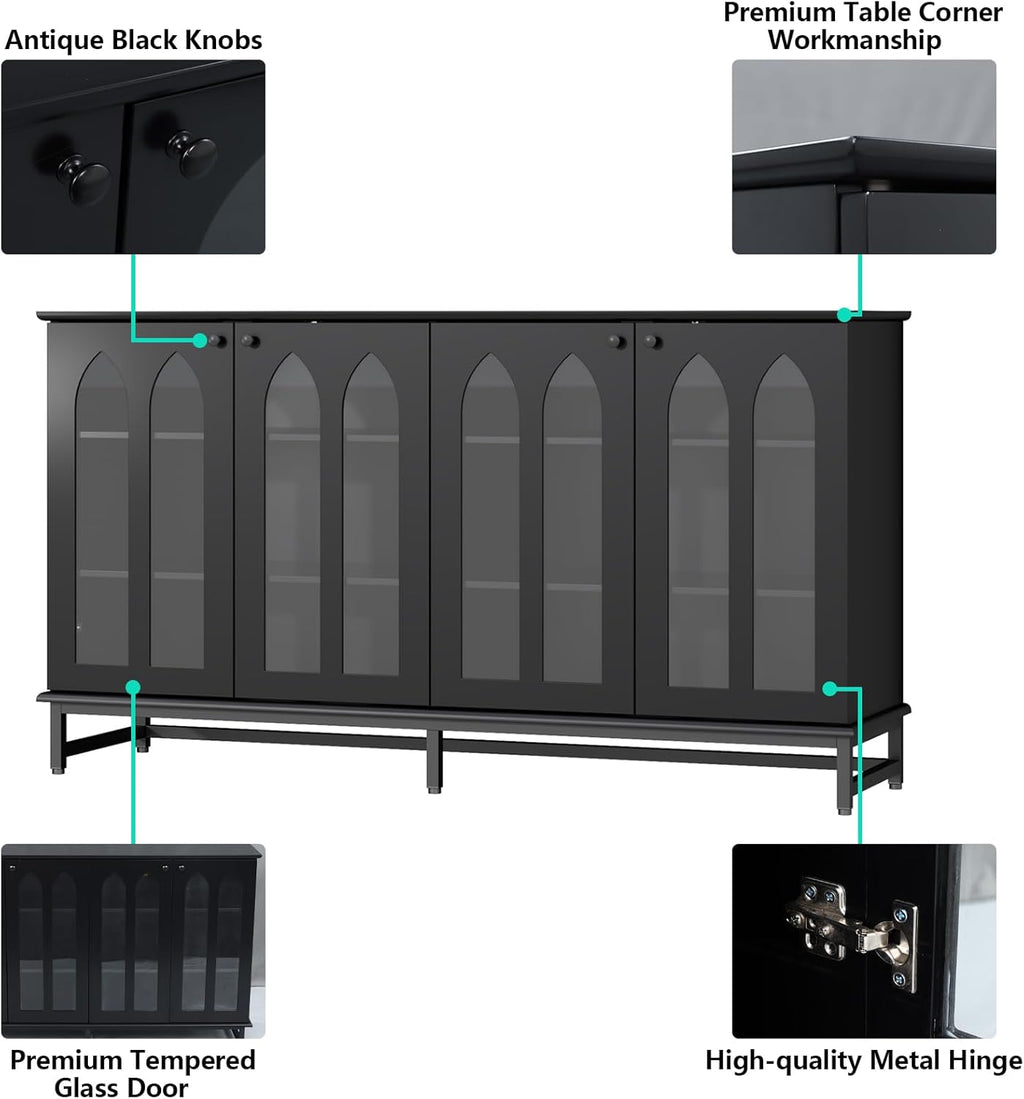 Sideboard Buffet Cabinet with 4 Glass Doors, Black Buffet Cabinet with Storage, Credenza Cabinet with Adjustable Shelf, 53’’ Kitchen Cabinte with Glass Door (Black) - Grand Goldman