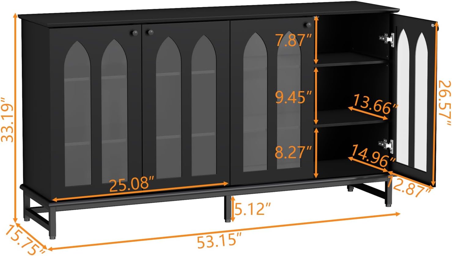Sideboard Buffet Cabinet with 4 Glass Doors, Black Buffet Cabinet with Storage, Credenza Cabinet with Adjustable Shelf, 53’’ Kitchen Cabinte with Glass Door (Black) - Grand Goldman