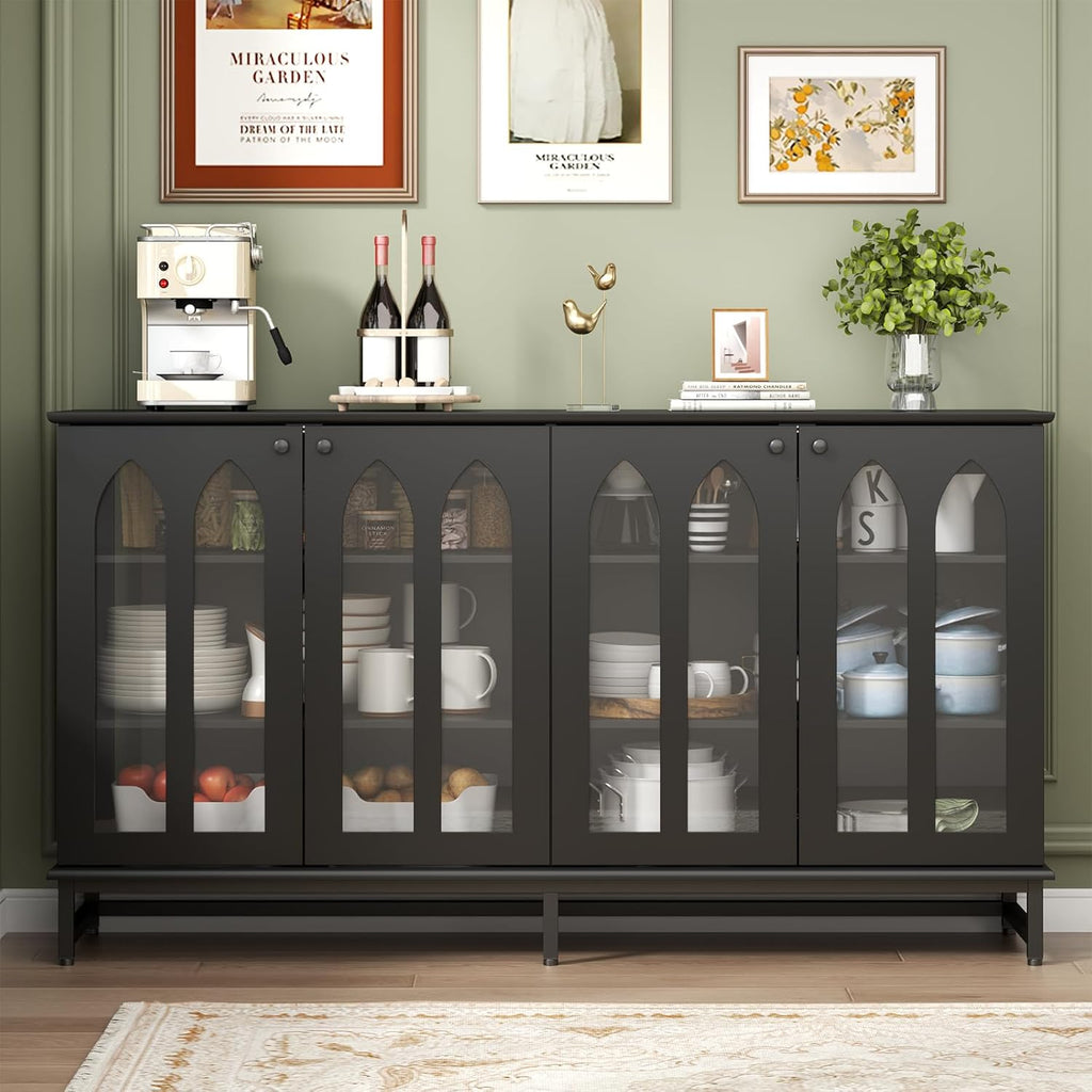 Sideboard Buffet Cabinet with 4 Glass Doors, Black Buffet Cabinet with Storage, Credenza Cabinet with Adjustable Shelf, 53’’ Kitchen Cabinte with Glass Door (Black) - Grand Goldman