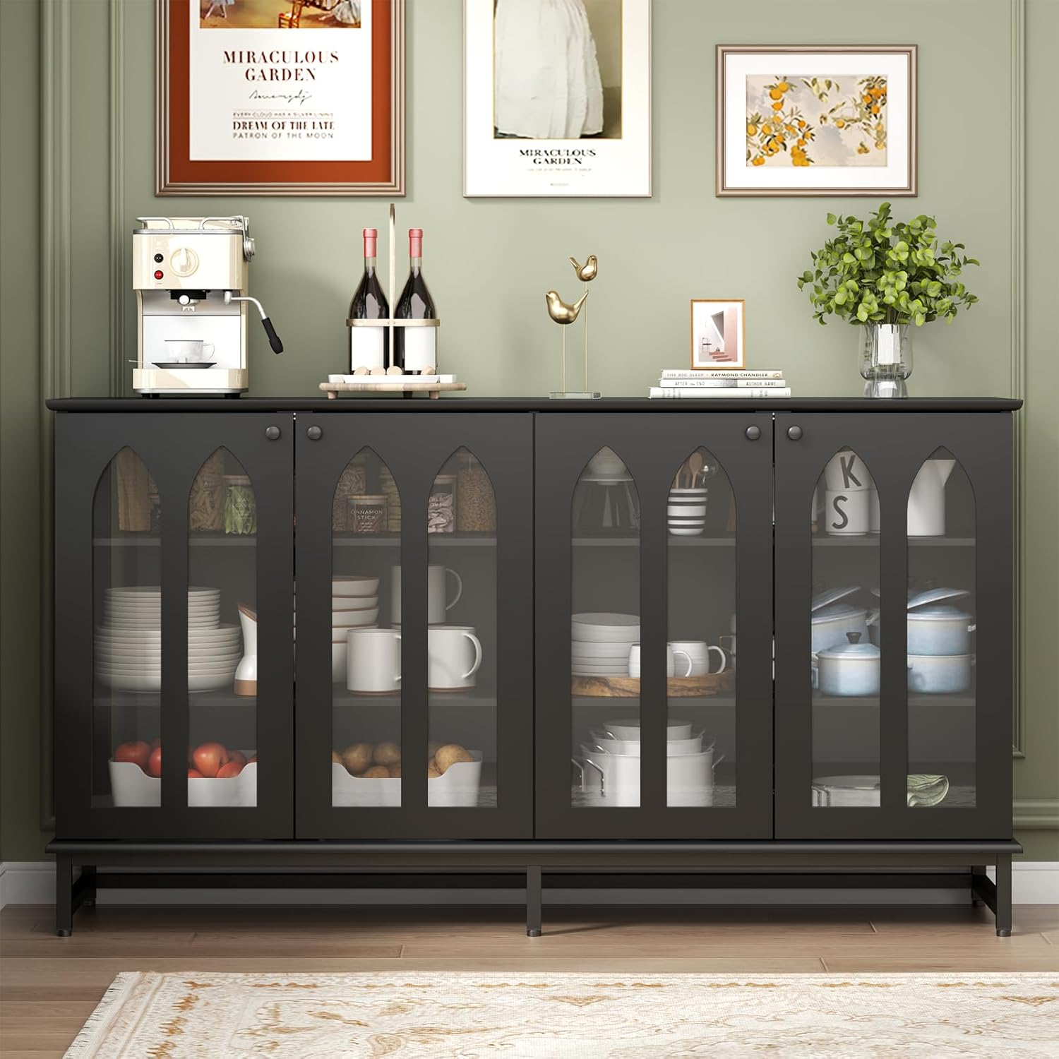 Sideboard Buffet Cabinet with 4 Glass Doors, Black Buffet Cabinet with Storage, Credenza Cabinet with Adjustable Shelf, 53’’ Kitchen Cabinte with Glass Door (Black) - Grand Goldman