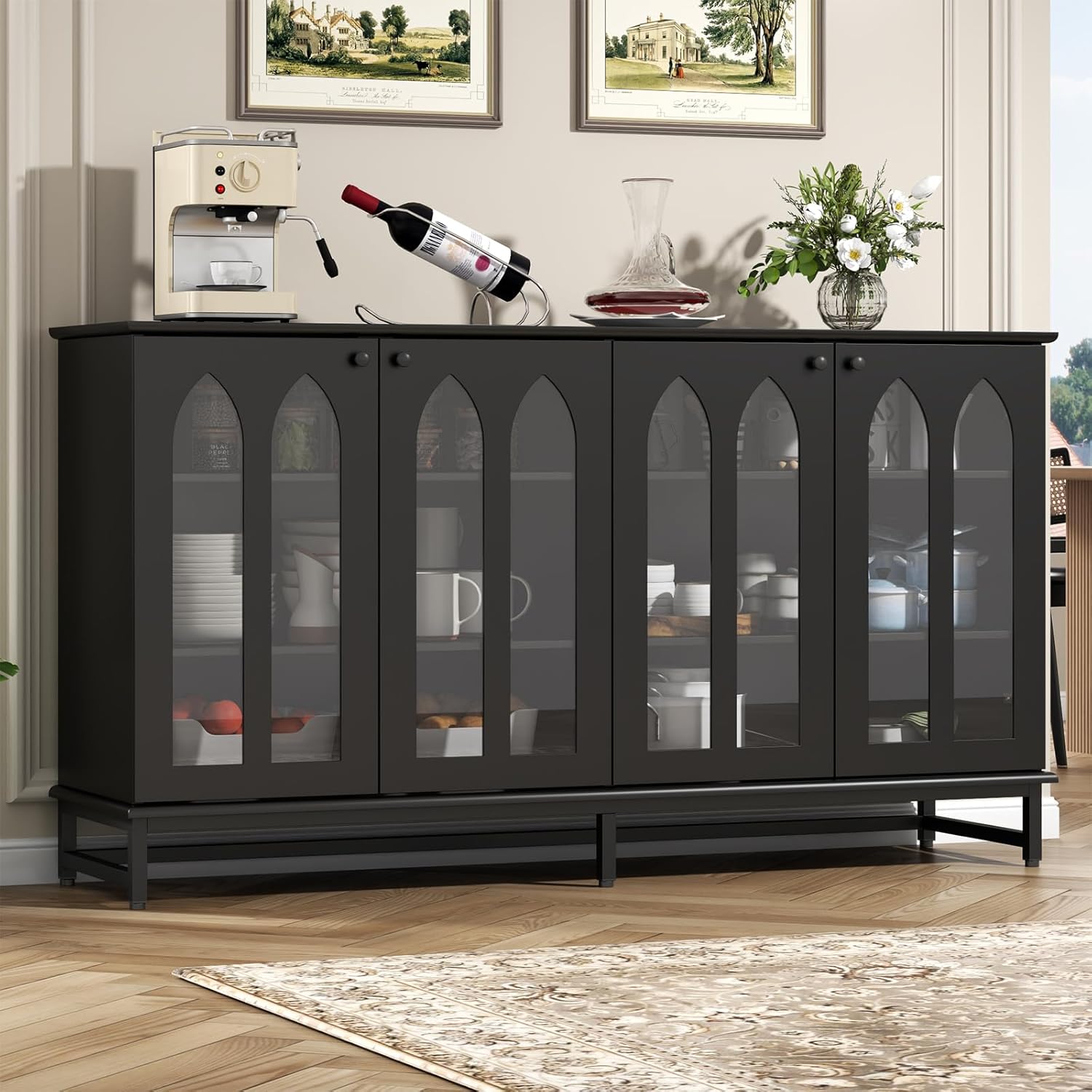 Sideboard Buffet Cabinet with 4 Glass Doors, Black Buffet Cabinet with Storage, Credenza Cabinet with Adjustable Shelf, 53’’ Kitchen Cabinte with Glass Door (Black) - Grand Goldman