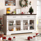 Sideboard Buffet Cabinet with Storage, 60" Buffet Cabinet with 4 Glass Doors and 2 Drawers, Modern Sideboard Cabinet with Adjustable Shelves, Storage Cabinet for Kitchen, Living Room, White - Grand Goldman