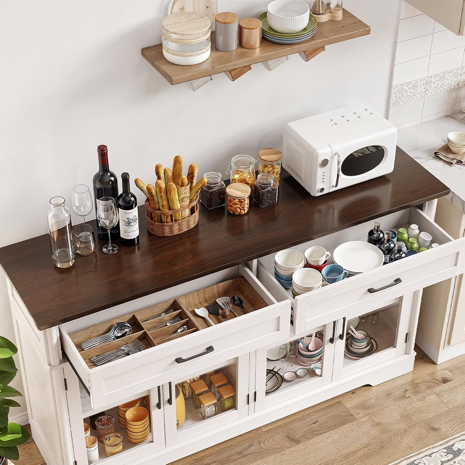 Sideboard Buffet Cabinet with Storage, 60" Buffet Cabinet with 4 Glass Doors and 2 Drawers, Modern Sideboard Cabinet with Adjustable Shelves, Storage Cabinet for Kitchen, Living Room, White - Grand Goldman