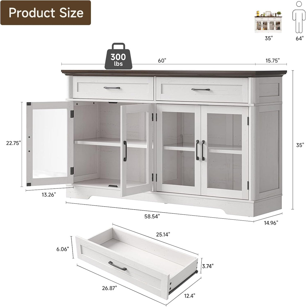 Sideboard Buffet Cabinet with Storage, 60" Buffet Cabinet with 4 Glass Doors and 2 Drawers, Modern Sideboard Cabinet with Adjustable Shelves, Storage Cabinet for Kitchen, Living Room, White - Grand Goldman