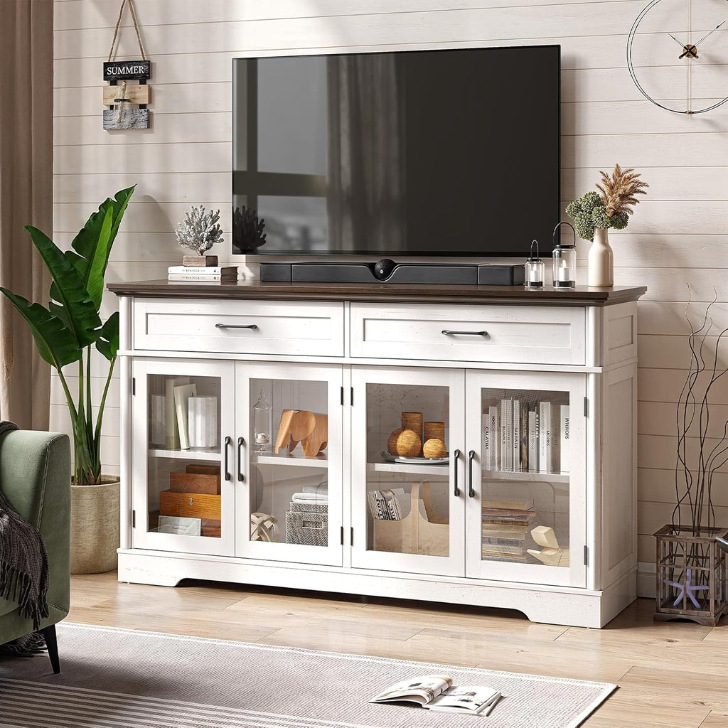 Sideboard Buffet Cabinet with Storage, 60" Buffet Cabinet with 4 Glass Doors and 2 Drawers, Modern Sideboard Cabinet with Adjustable Shelves, Storage Cabinet for Kitchen, Living Room, White - Grand Goldman