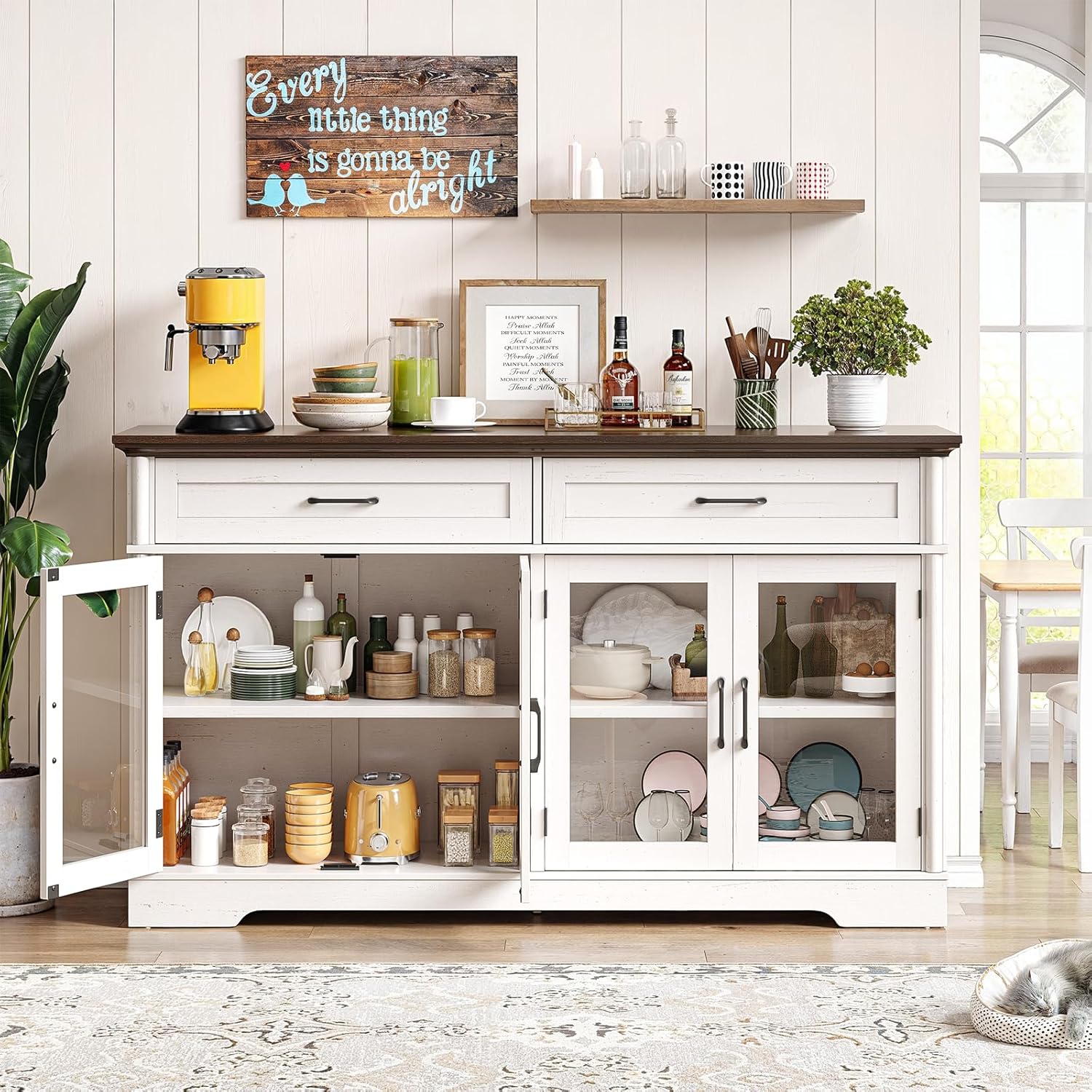 Sideboard Buffet Cabinet with Storage, 60" Buffet Cabinet with 4 Glass Doors and 2 Drawers, Modern Sideboard Cabinet with Adjustable Shelves, Storage Cabinet for Kitchen, Living Room, White - Grand Goldman