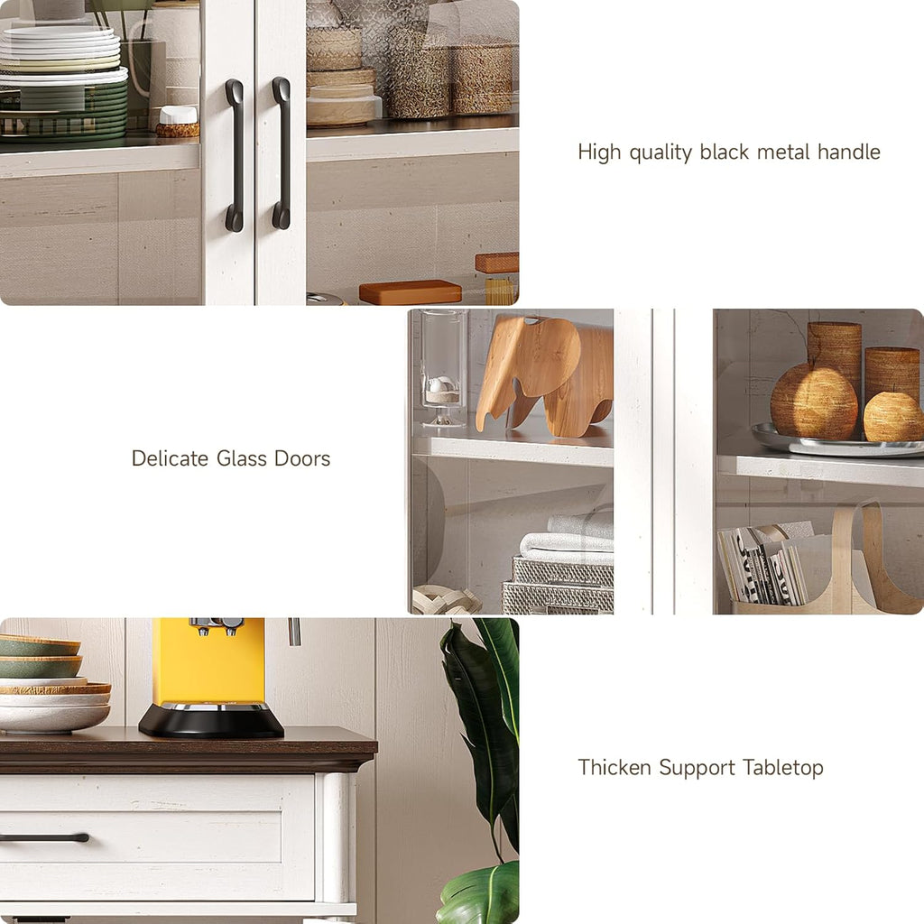 Sideboard Buffet Cabinet with Storage, 60" Buffet Cabinet with 4 Glass Doors and 2 Drawers, Modern Sideboard Cabinet with Adjustable Shelves, Storage Cabinet for Kitchen, Living Room, White - Grand Goldman