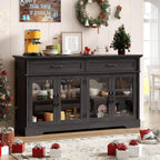 Sideboard Buffet Cabinet with Storage, 60" Buffet Cabinet with 4 Glass Doors and 2 Drawers, Modern Sideboard Cabinet with Adjustable Shelves, Storage Cabinet for Kitchen, Living Room, White - Grand Goldman