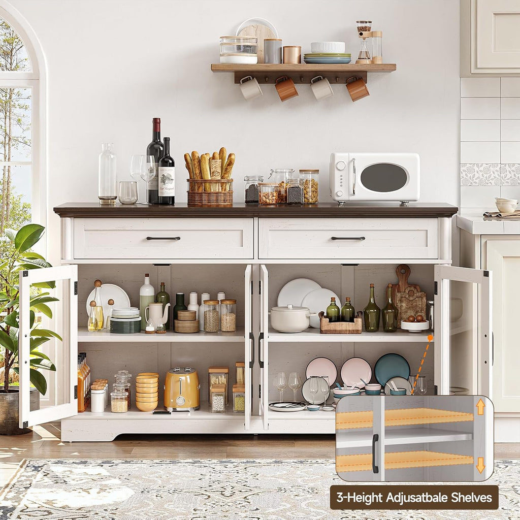 Sideboard Buffet Cabinet with Storage, 60" Buffet Cabinet with 4 Glass Doors and 2 Drawers, Modern Sideboard Cabinet with Adjustable Shelves, Storage Cabinet for Kitchen, Living Room, White - Grand Goldman