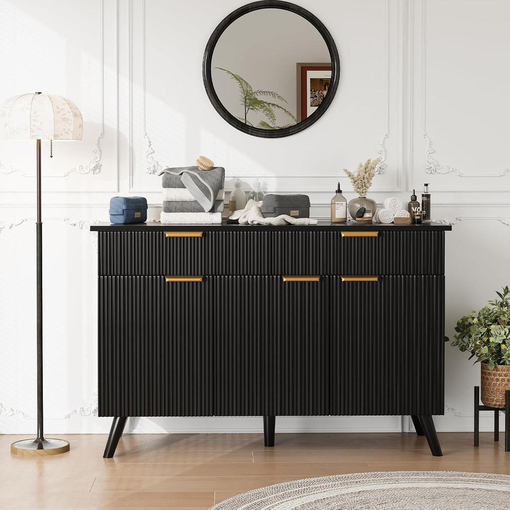 Sideboard Buffet Cabinet with Storage, Fluted Sideboard Cabinet with 3 Doors & 2 Drawers, Sideboard Buffet w/Adjustable Shelves, Modern Credenza Accent Console Cabinet for Living Room Kitchen - Grand Goldman