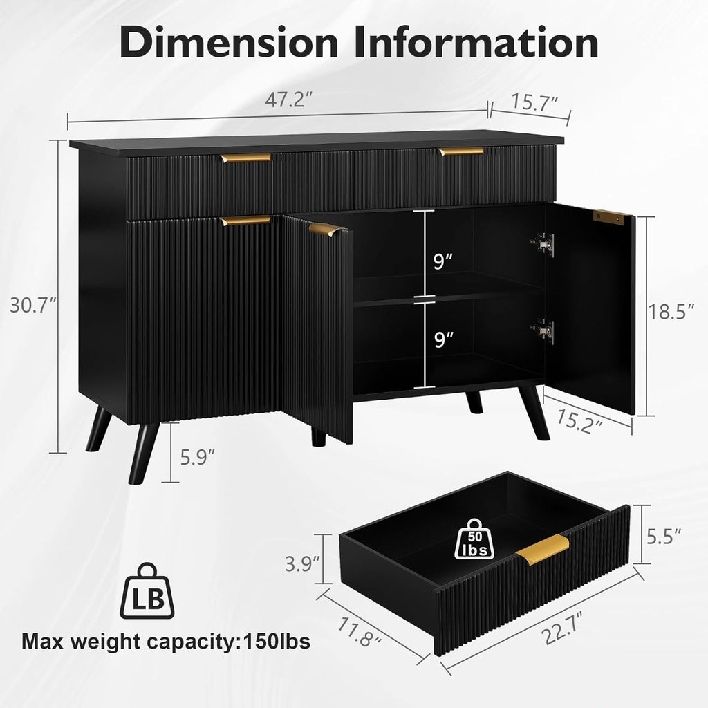 Sideboard Buffet Cabinet with Storage, Fluted Sideboard Cabinet with 3 Doors & 2 Drawers, Sideboard Buffet w/Adjustable Shelves, Modern Credenza Accent Console Cabinet for Living Room Kitchen - Grand Goldman