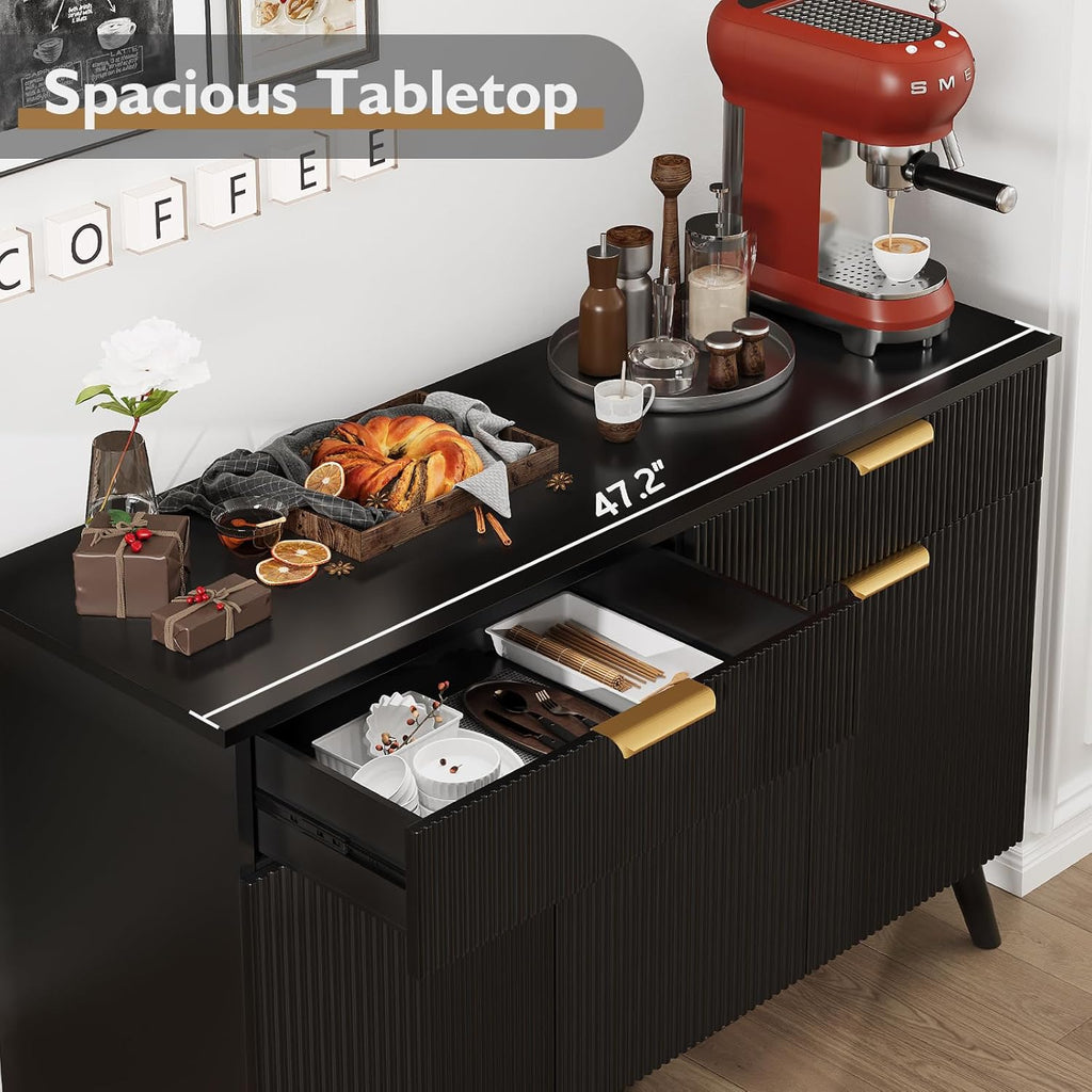 Sideboard Buffet Cabinet with Storage, Fluted Sideboard Cabinet with 3 Doors & 2 Drawers, Sideboard Buffet w/Adjustable Shelves, Modern Credenza Accent Console Cabinet for Living Room Kitchen - Grand Goldman