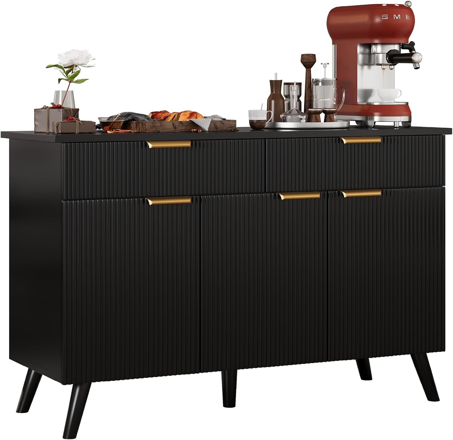 Sideboard Buffet Cabinet with Storage, Fluted Sideboard Cabinet with 3 Doors & 2 Drawers, Sideboard Buffet w/Adjustable Shelves, Modern Credenza Accent Console Cabinet for Living Room Kitchen - Grand Goldman