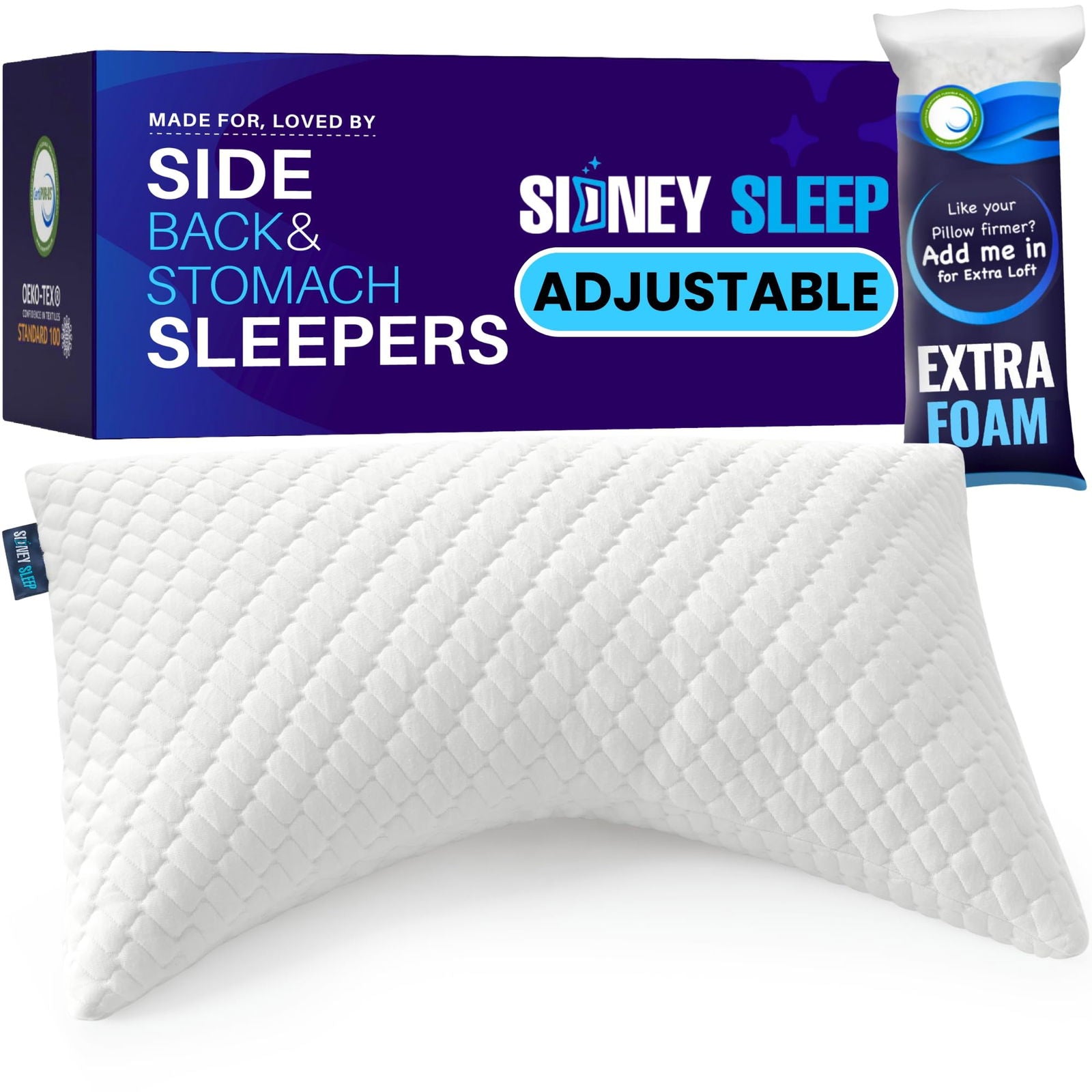 Sidney Sleep Pillow for Side and Back Sleepers - Comfort for Neck and Shoulder Pain - Adjustable and Customizable Shredded Memory Foam Filling - Queen Size - Additional Foam Fill Included (White) - Grand Goldman