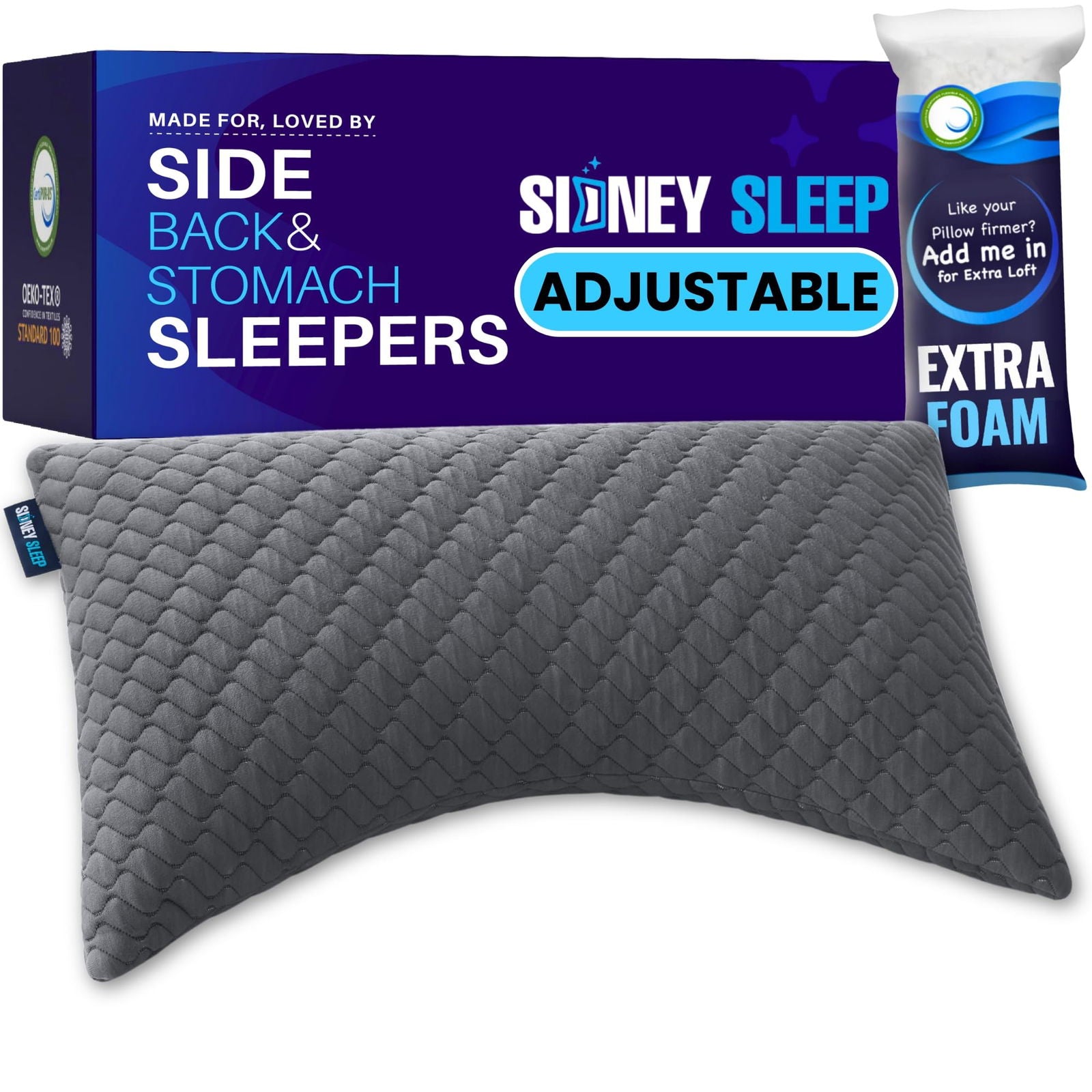 Sidney Sleep Pillow for Side and Back Sleepers - Comfort for Neck and Shoulder Pain - Adjustable and Customizable Shredded Memory Foam Filling - Queen Size - Additional Foam Fill Included (White) - Grand Goldman