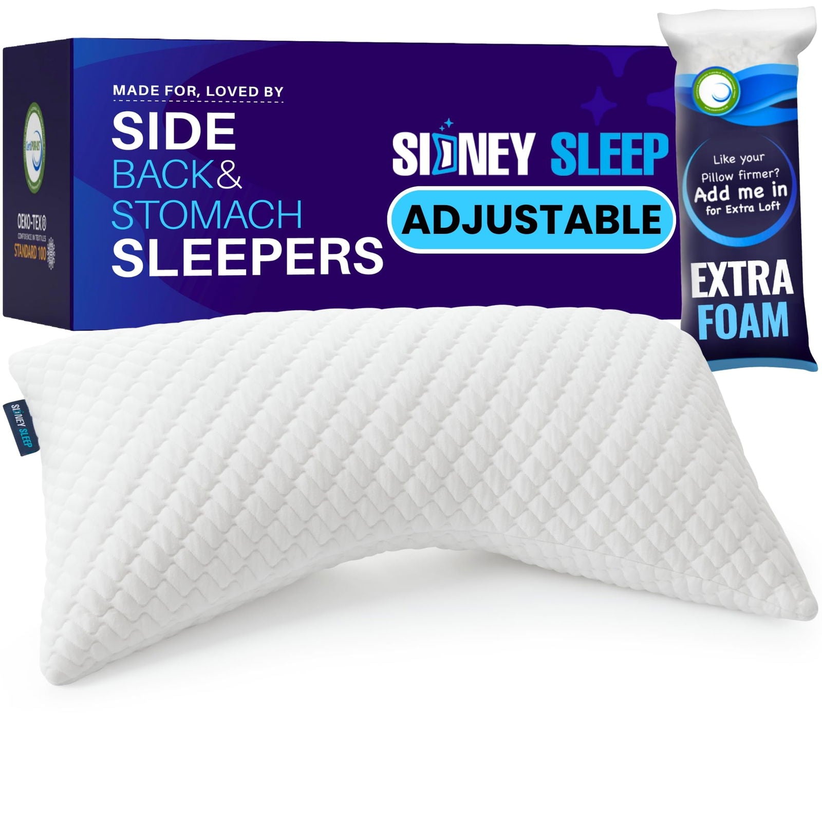 Sidney Sleep Pillow for Side and Back Sleepers - Comfort for Neck and Shoulder Pain - Adjustable and Customizable Shredded Memory Foam Filling - Queen Size - Additional Foam Fill Included (White) - Grand Goldman
