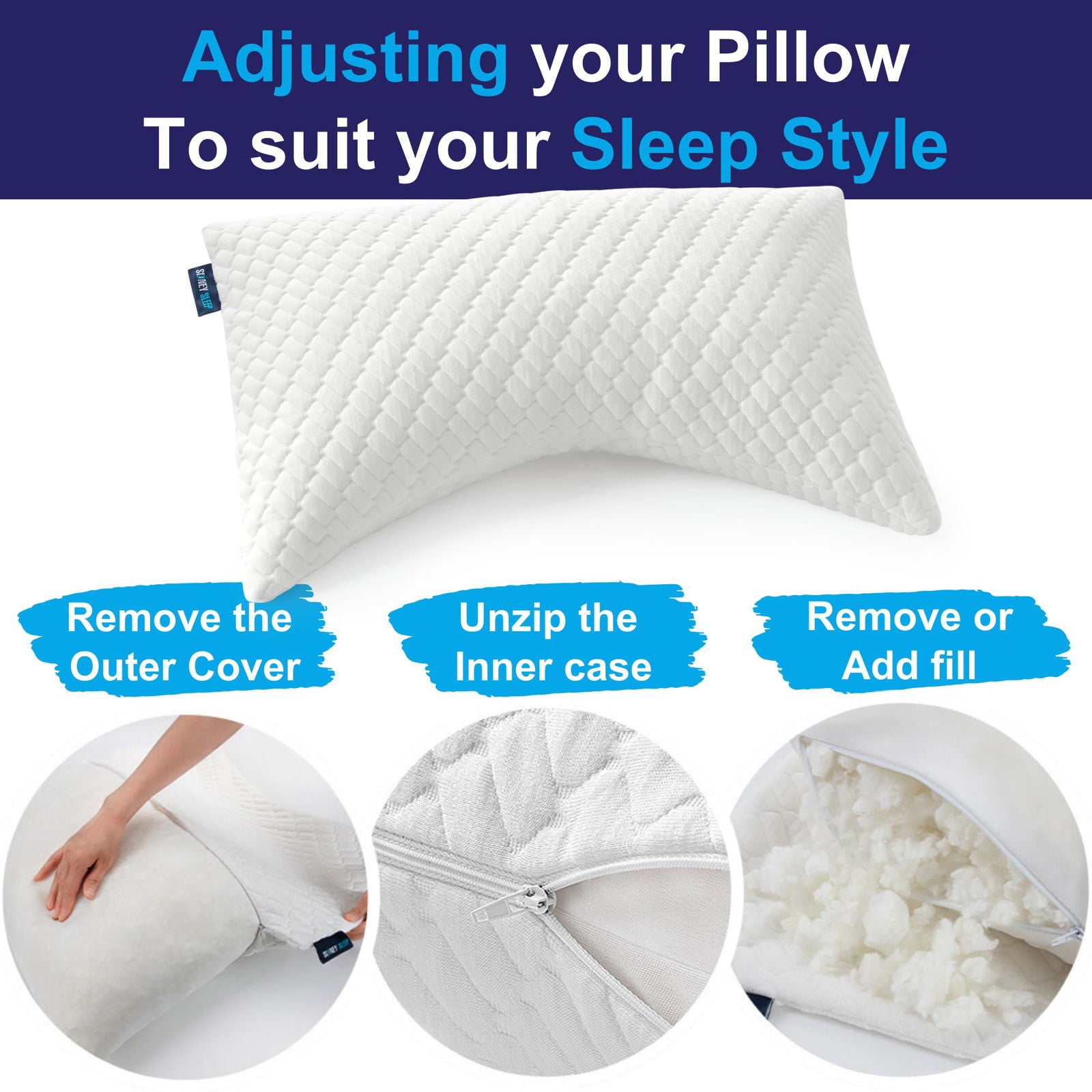 Sidney Sleep Pillow for Side and Back Sleepers - Comfort for Neck and Shoulder Pain - Adjustable and Customizable Shredded Memory Foam Filling - Queen Size - Additional Foam Fill Included (White) - Grand Goldman