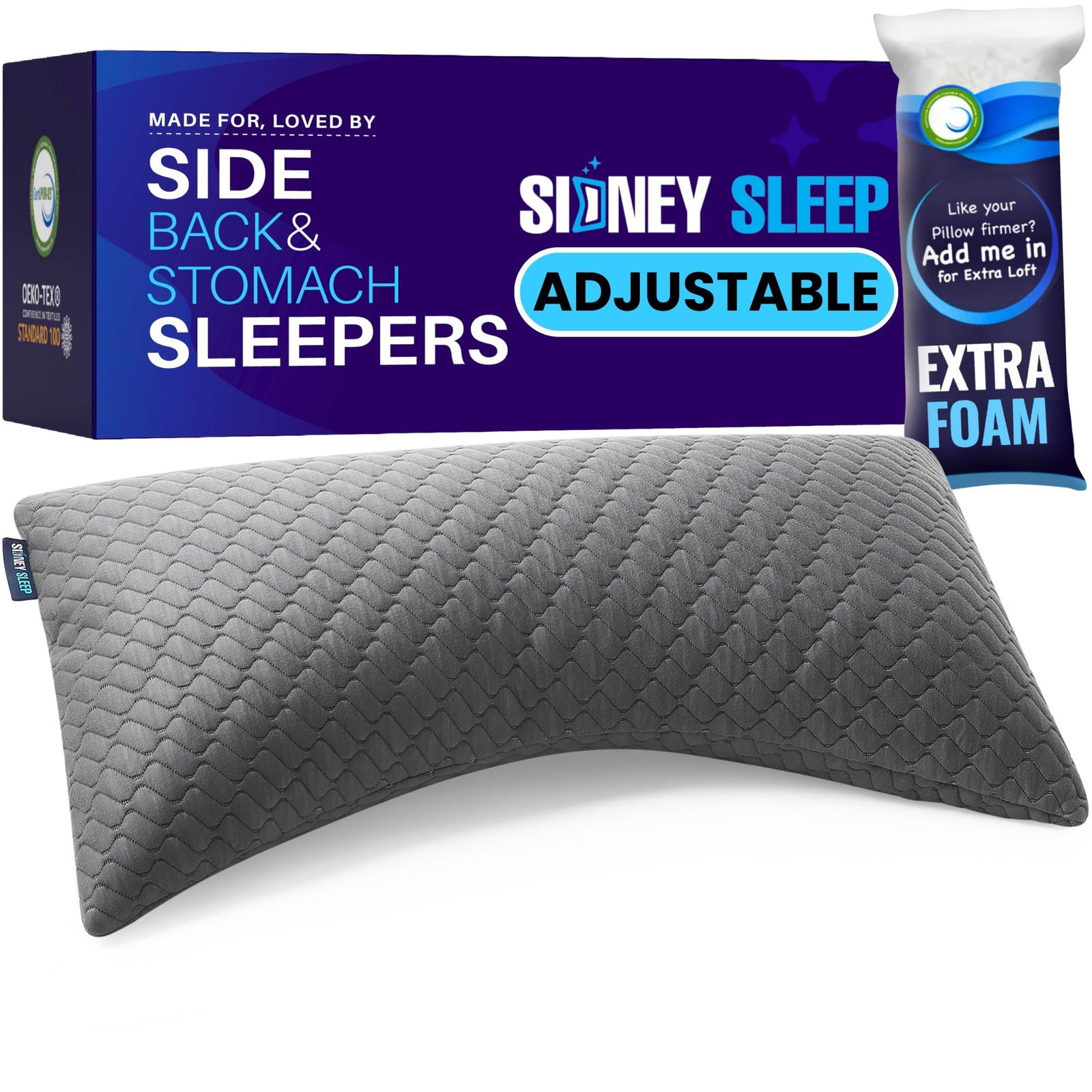 Sidney Sleep Pillow for Side and Back Sleepers - Comfort for Neck and Shoulder Pain - Adjustable and Customizable Shredded Memory Foam Filling - Queen Size - Additional Foam Fill Included (White) - Grand Goldman