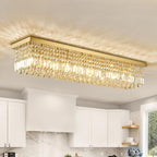 Siljoy 10-Light Modern Crystal Chandelier, Luxury Gold Rectangular Flush Mount Ceiling Light, Large Rectangle Raindrop Chandelier for Living Dining Room Kitchen Island Bar L47'' x W10'' x H10'' - Grand Goldman