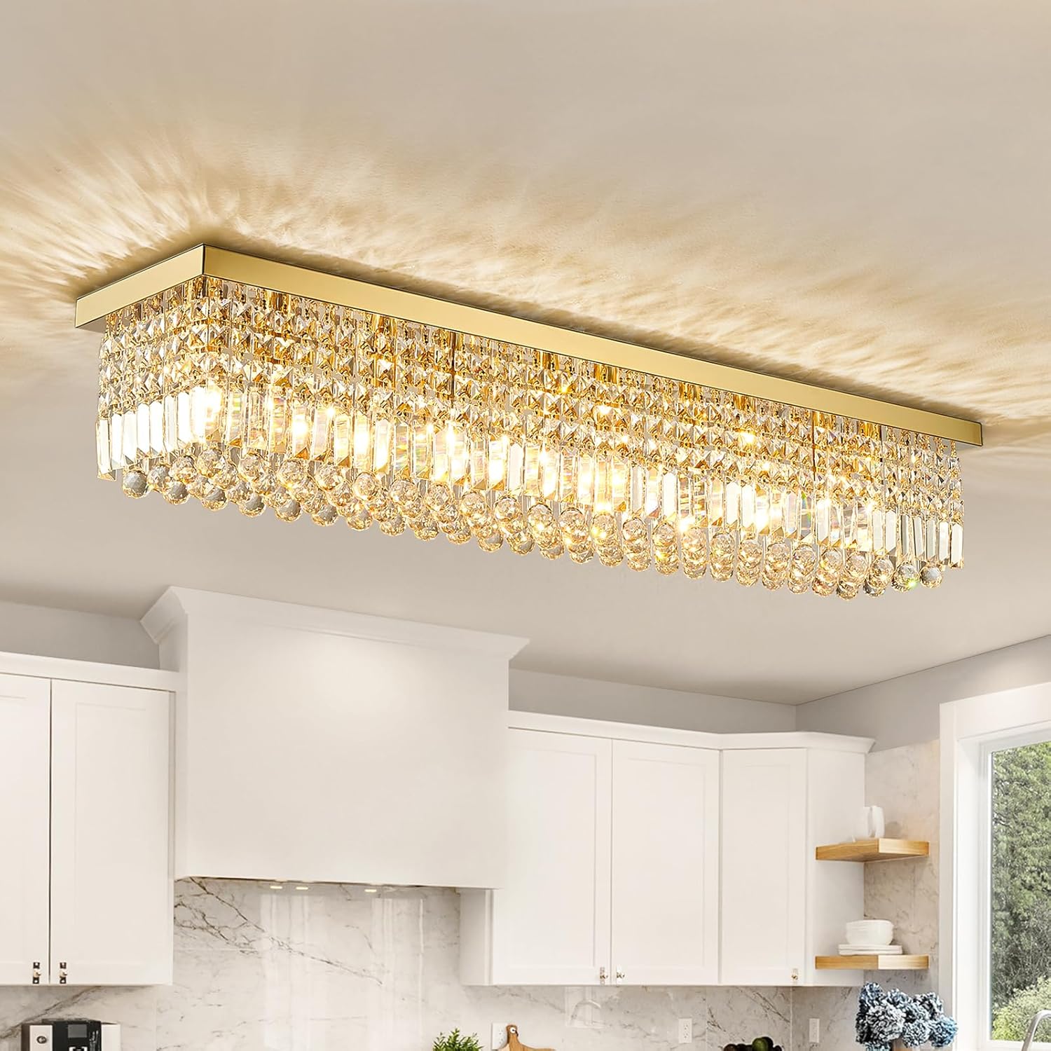 Siljoy 10-Light Modern Crystal Chandelier, Luxury Gold Rectangular Flush Mount Ceiling Light, Large Rectangle Raindrop Chandelier for Living Dining Room Kitchen Island Bar L47'' x W10'' x H10'' - Grand Goldman