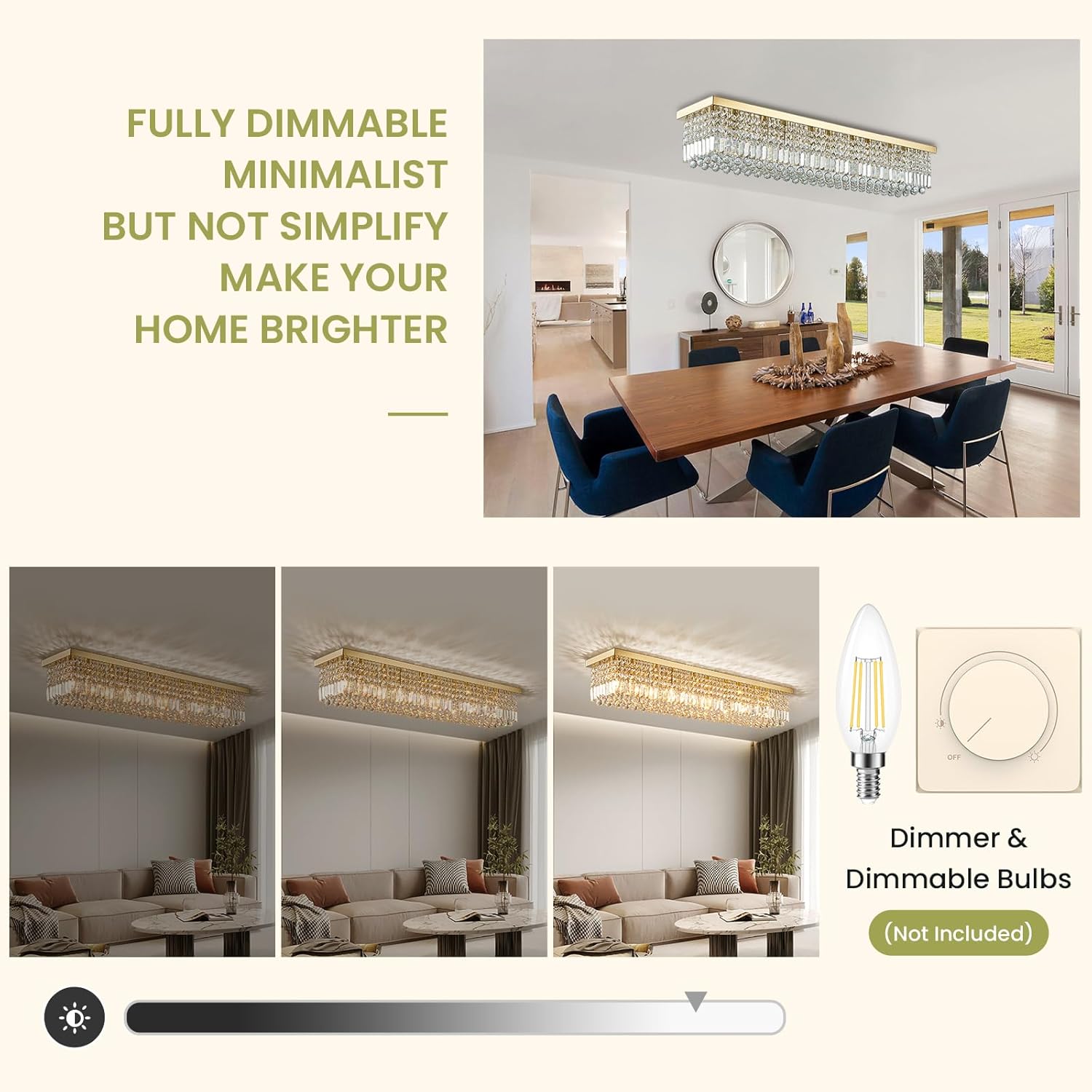 Siljoy 10-Light Modern Crystal Chandelier, Luxury Gold Rectangular Flush Mount Ceiling Light, Large Rectangle Raindrop Chandelier for Living Dining Room Kitchen Island Bar L47'' x W10'' x H10'' - Grand Goldman