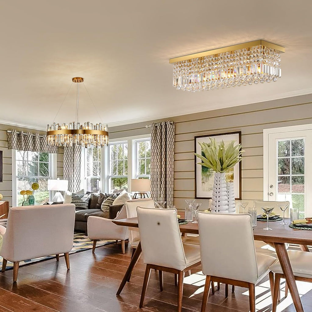 Siljoy 10-Light Modern Crystal Chandelier, Luxury Gold Rectangular Flush Mount Ceiling Light, Large Rectangle Raindrop Chandelier for Living Dining Room Kitchen Island Bar L47'' x W10'' x H10'' - Grand Goldman