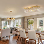 Siljoy 10-Light Modern Crystal Chandelier, Luxury Gold Rectangular Flush Mount Ceiling Light, Large Rectangle Raindrop Chandelier for Living Dining Room Kitchen Island Bar L47'' x W10'' x H10'' - Grand Goldman