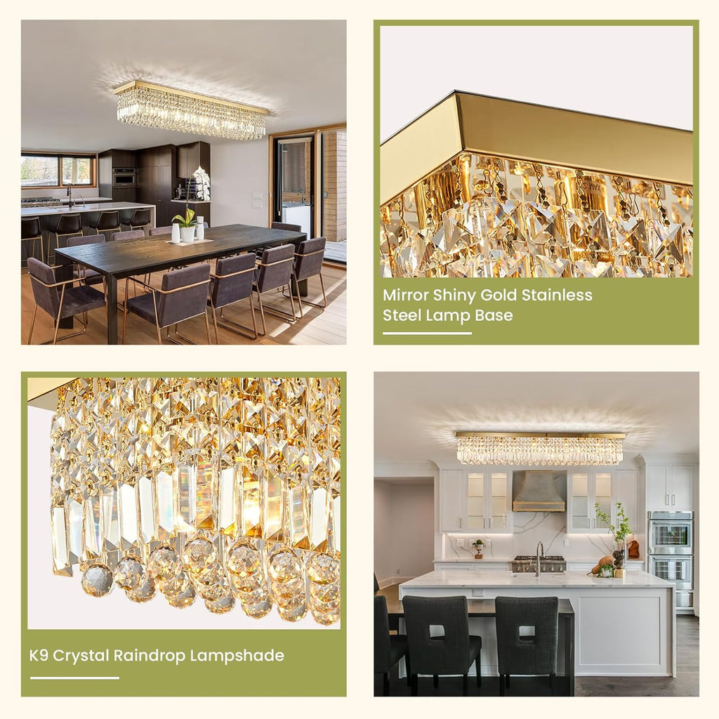 Siljoy 10-Light Modern Crystal Chandelier, Luxury Gold Rectangular Flush Mount Ceiling Light, Large Rectangle Raindrop Chandelier for Living Dining Room Kitchen Island Bar L47'' x W10'' x H10'' - Grand Goldman