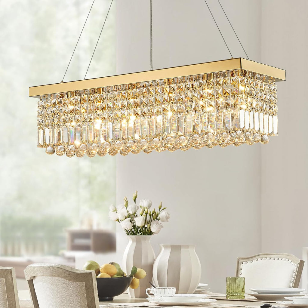 Siljoy 6-Light Modern Crystal Chandelier Rectangular Gold K9 Crystal Raindrop Chandelier for Dining Room, Luxury Adjustable Ceiling Pendant Light for Living Room Kitchen Island L31.5'' x W10'' x H10'' - Grand Goldman