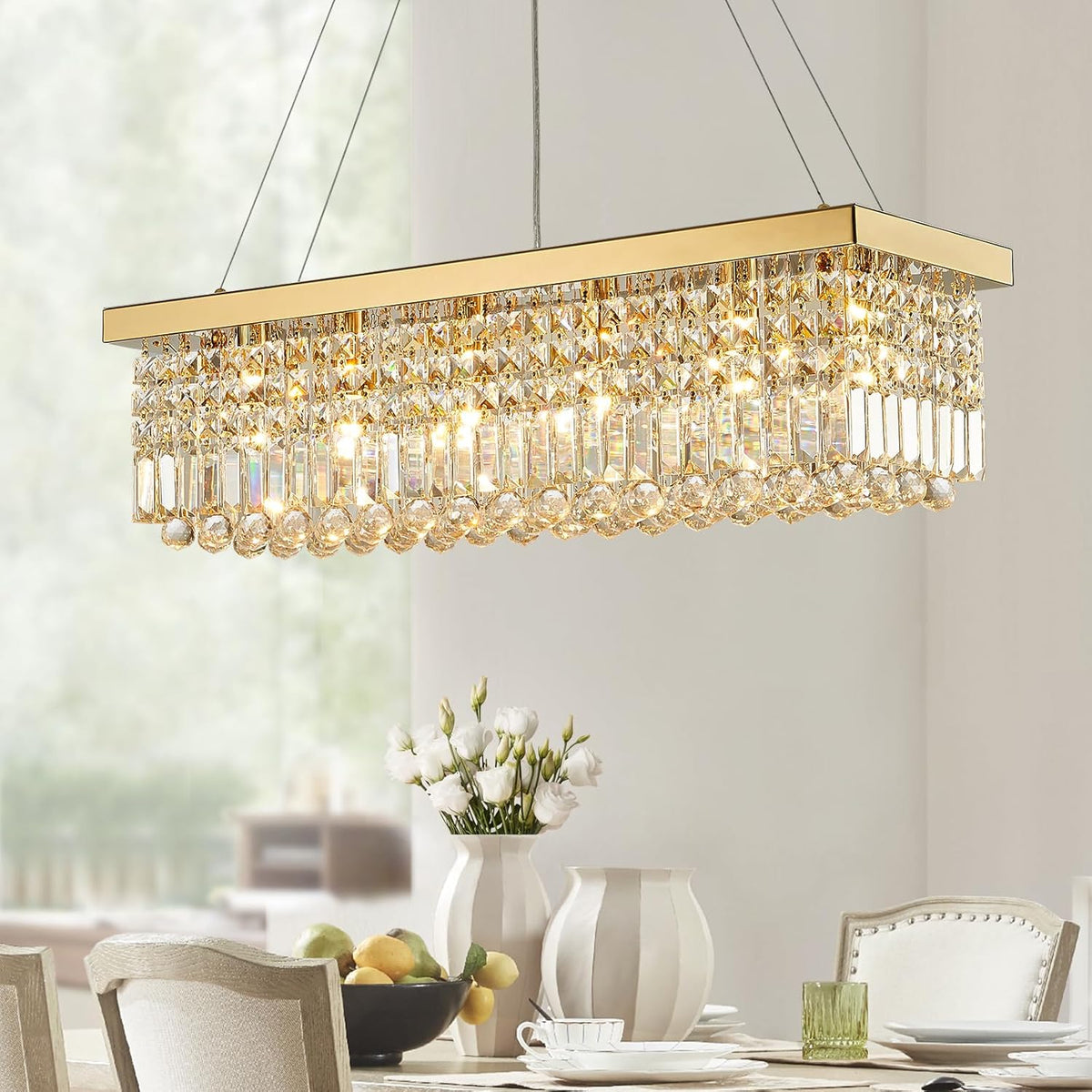Siljoy 6-Light Modern Crystal Chandelier Rectangular Gold K9 Crystal Raindrop Chandelier for Dining Room, Luxury Adjustable Ceiling Pendant Light for Living Room Kitchen Island L31.5'' x W10'' x H10'' - Grand Goldman