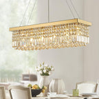 Siljoy 6-Light Modern Crystal Chandelier Rectangular Gold K9 Crystal Raindrop Chandelier for Dining Room, Luxury Adjustable Ceiling Pendant Light for Living Room Kitchen Island L31.5'' x W10'' x H10'' - Grand Goldman