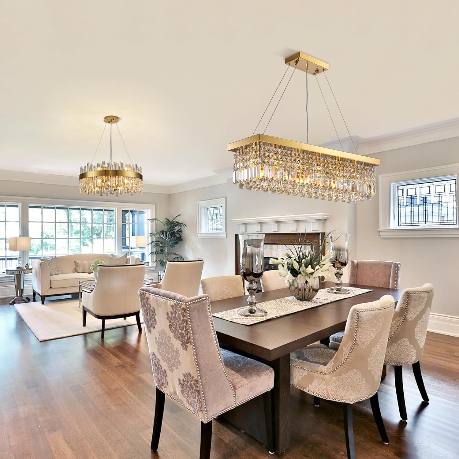 Siljoy 6-Light Modern Crystal Chandelier Rectangular Gold K9 Crystal Raindrop Chandelier for Dining Room, Luxury Adjustable Ceiling Pendant Light for Living Room Kitchen Island L31.5'' x W10'' x H10'' - Grand Goldman