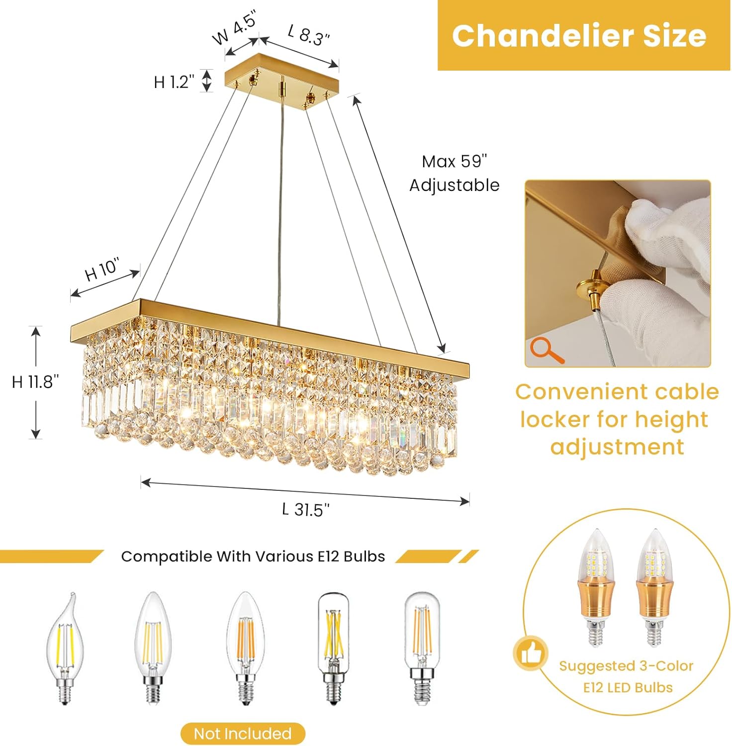 Siljoy 6-Light Modern Crystal Chandelier Rectangular Gold K9 Crystal Raindrop Chandelier for Dining Room, Luxury Adjustable Ceiling Pendant Light for Living Room Kitchen Island L31.5'' x W10'' x H10'' - Grand Goldman