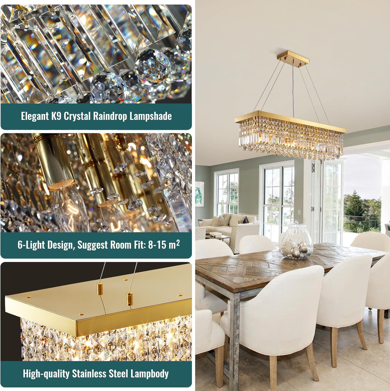 Siljoy 6-Light Modern Crystal Chandelier Rectangular Gold K9 Crystal Raindrop Chandelier for Dining Room, Luxury Adjustable Ceiling Pendant Light for Living Room Kitchen Island L31.5'' x W10'' x H10'' - Grand Goldman