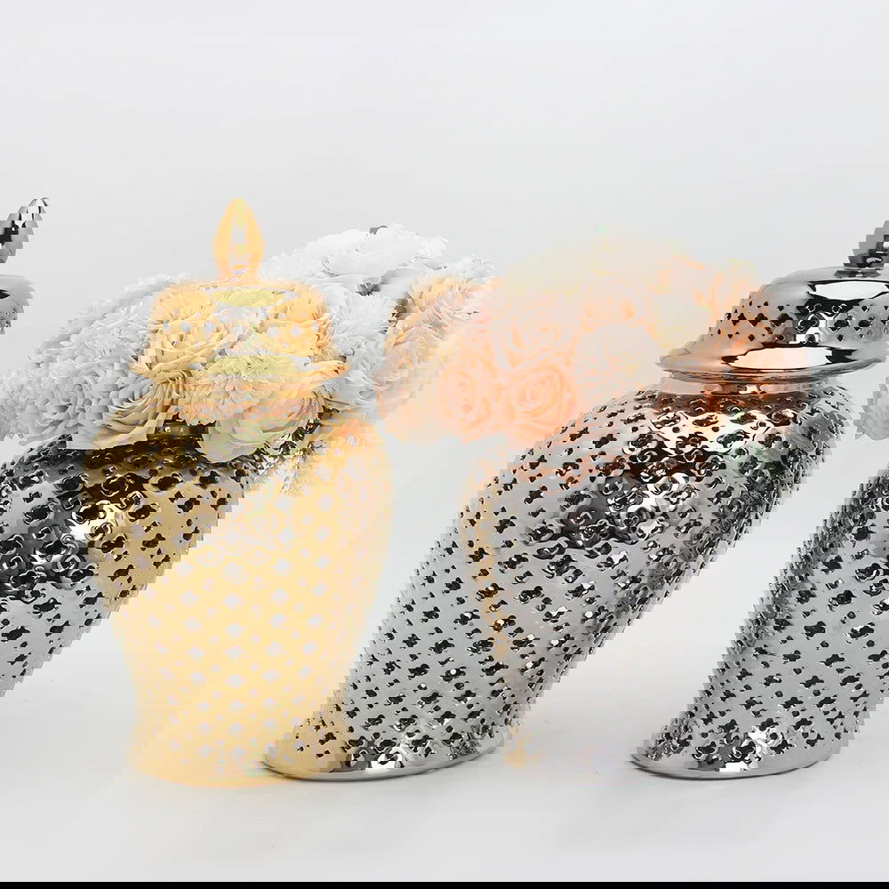 Silver Hollow General Jar Small Ginger Jar Porcelain Decorative Storage Tank Vase with Lid Handicraft Ornaments Home Accessories - Grand Goldman