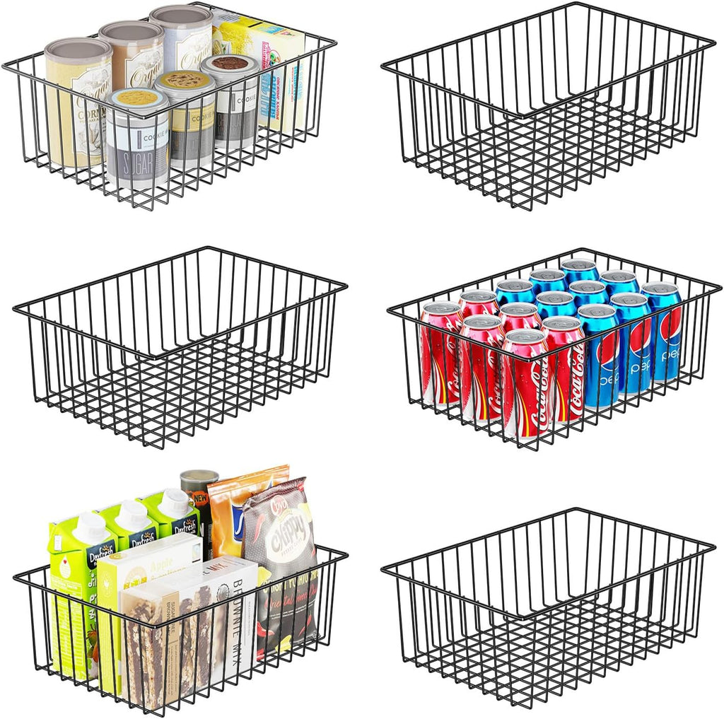 Simple Trending 6 Pack Large Wire Baskets for Organization, Metal Pantry Storage Baskets for Cabinet, Kitchen, Garage, Bathroom, Black - Grand Goldman