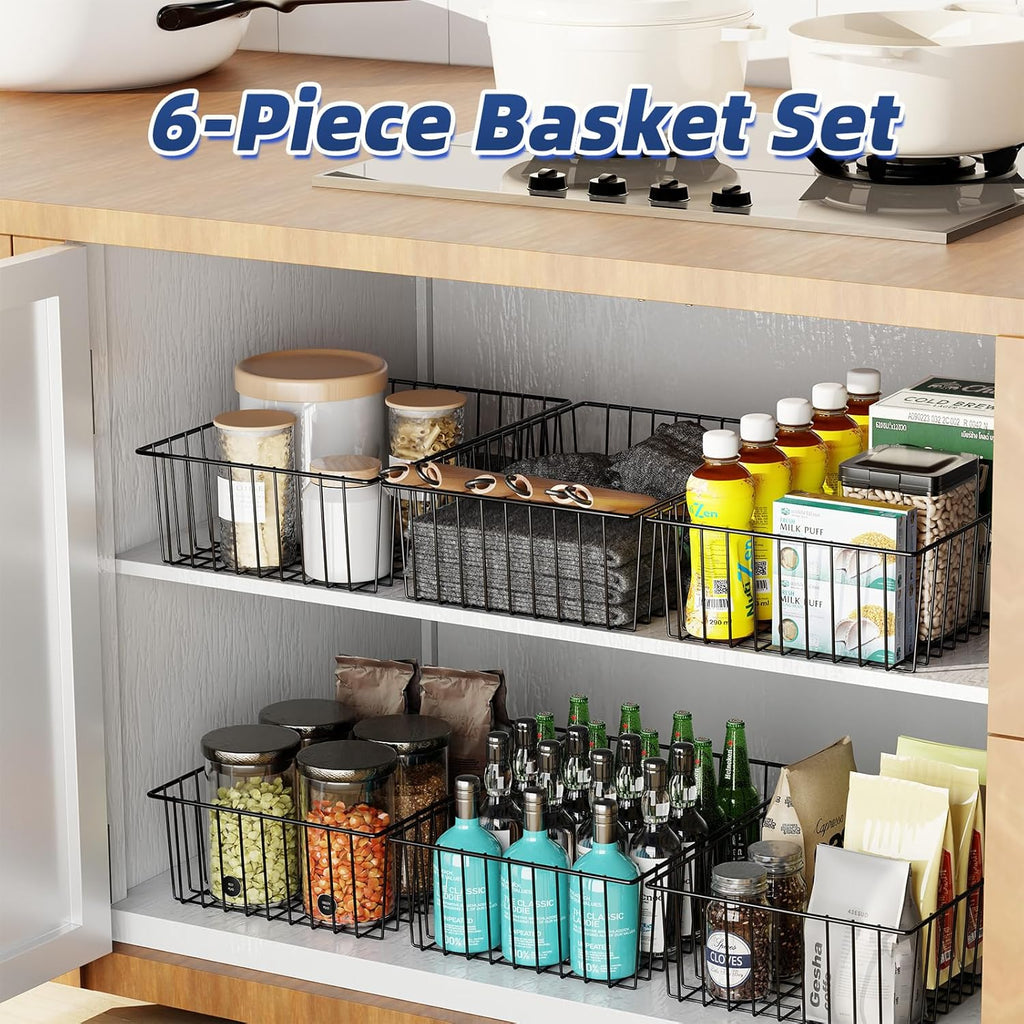 Simple Trending 6 Pack Large Wire Baskets for Organization, Metal Pantry Storage Baskets for Cabinet, Kitchen, Garage, Bathroom, Black - Grand Goldman