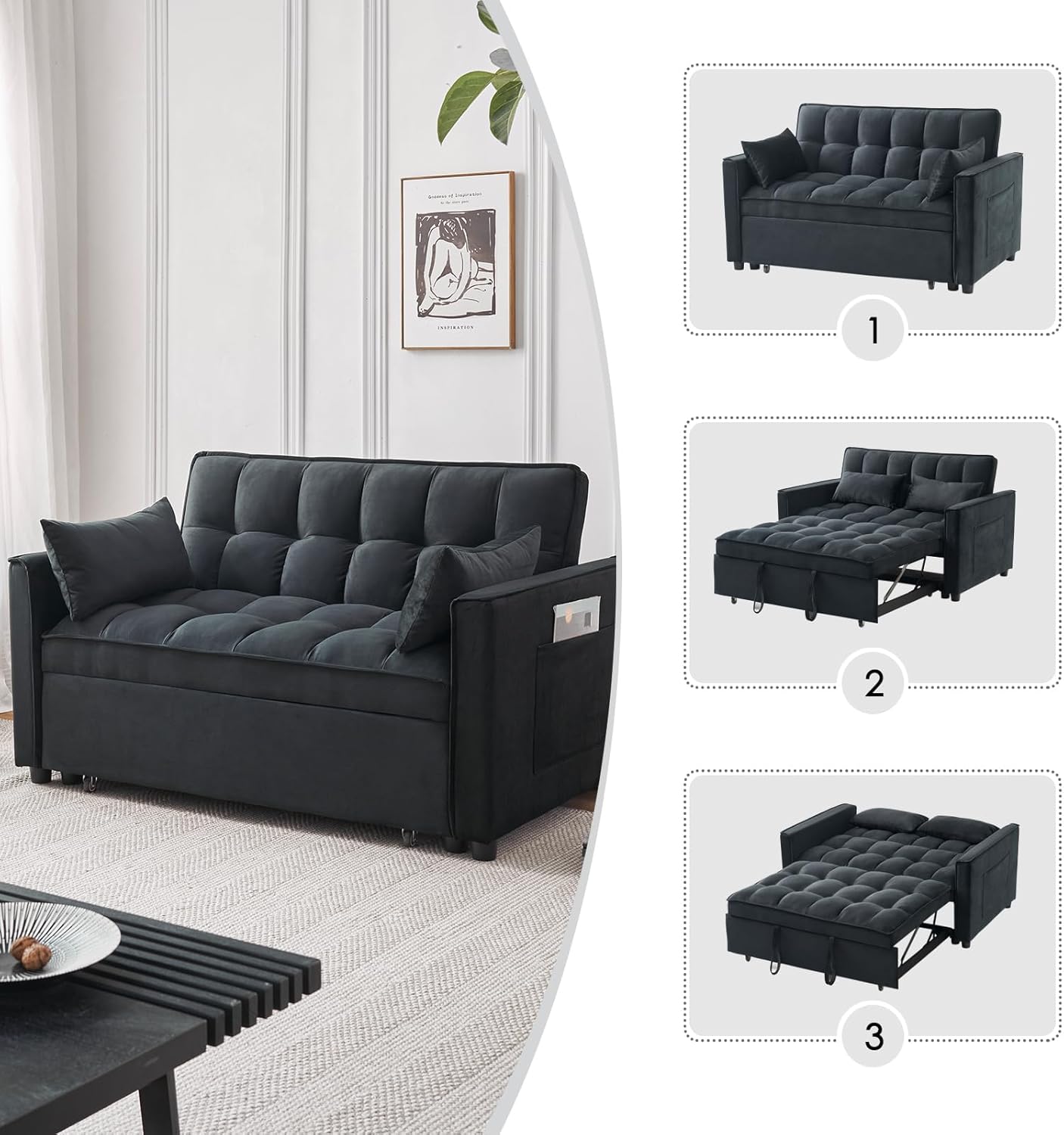 Sleeper Sofa Bed, 3-in-1 Velvet Pull Out Couch with Armrests, Storage Pockets and 2 Pillows, Adjustable Backrest, Sofa Bed Couch for Living Room, Bedroom(Black) - Grand Goldman
