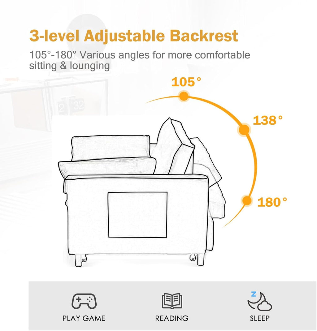 Sleeper Sofa Bed, 3-in-1 Velvet Pull Out Couch with Armrests, Storage Pockets and 2 Pillows, Adjustable Backrest, Sofa Bed Couch for Living Room, Bedroom(Black) - Grand Goldman