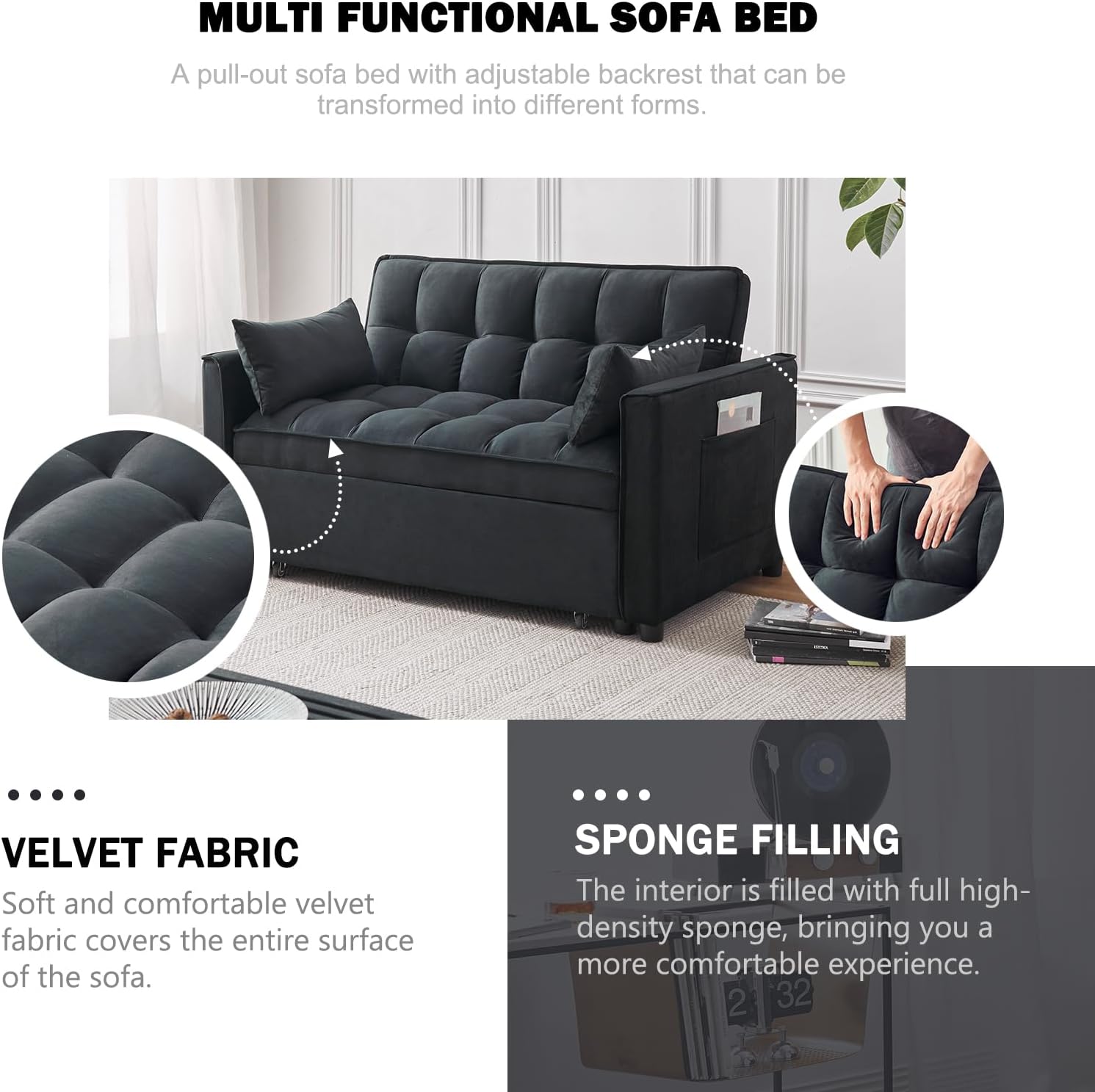 Sleeper Sofa Bed, 3-in-1 Velvet Pull Out Couch with Armrests, Storage Pockets and 2 Pillows, Adjustable Backrest, Sofa Bed Couch for Living Room, Bedroom(Black) - Grand Goldman