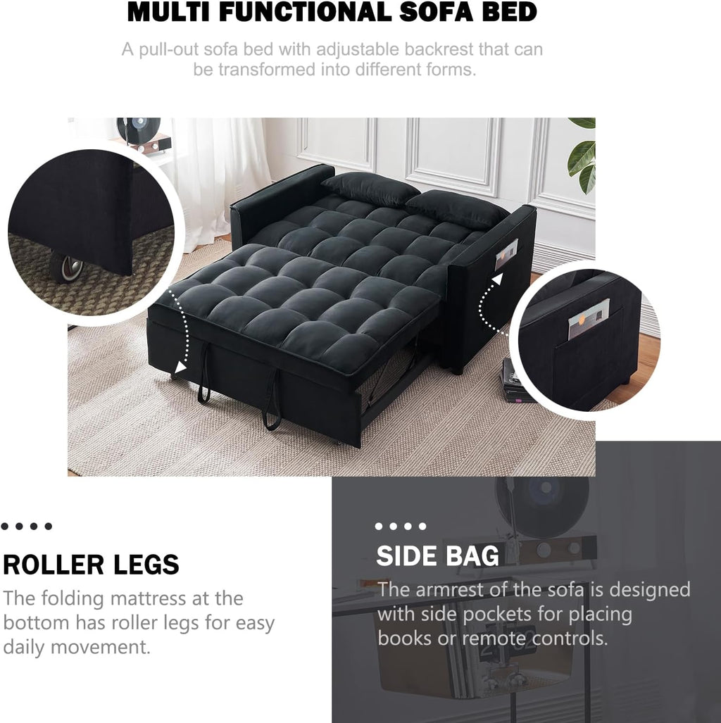 Sleeper Sofa Bed, 3-in-1 Velvet Pull Out Couch with Armrests, Storage Pockets and 2 Pillows, Adjustable Backrest, Sofa Bed Couch for Living Room, Bedroom(Black) - Grand Goldman