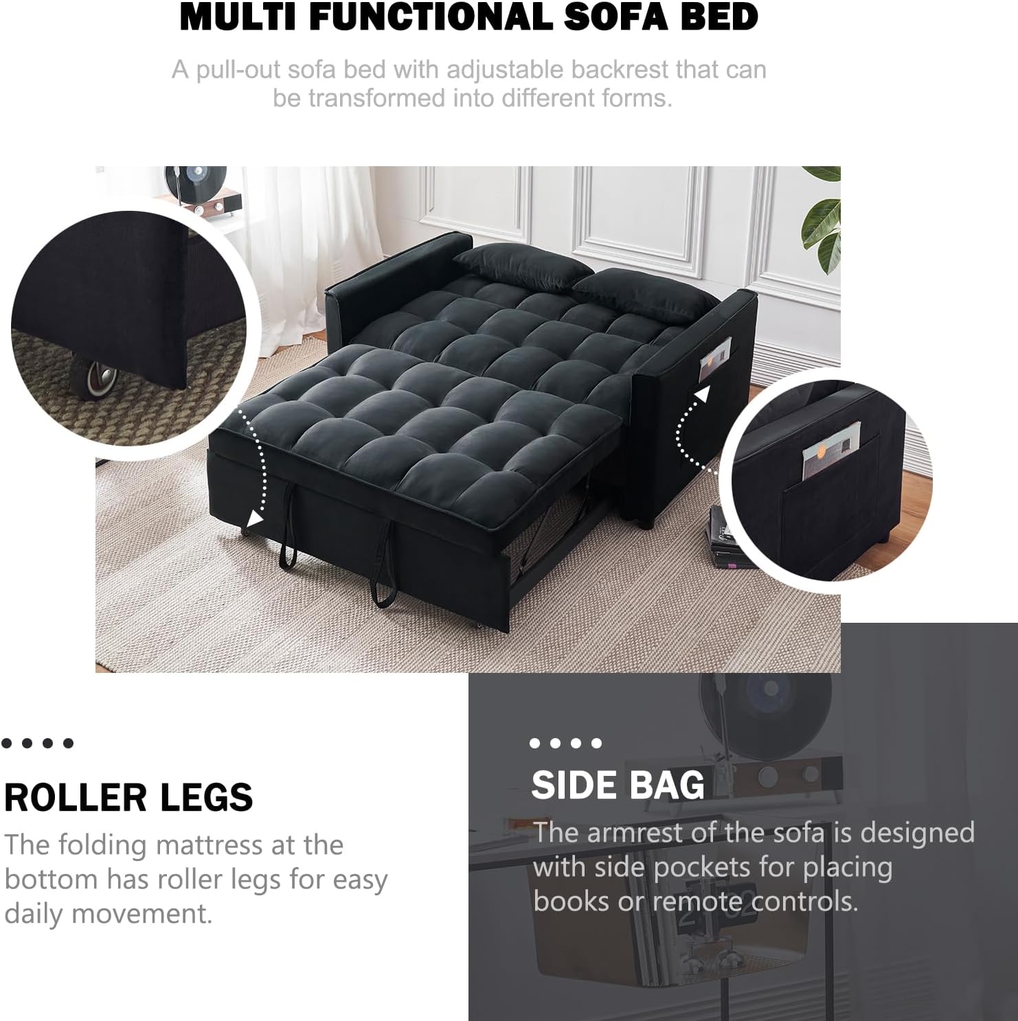 Sleeper Sofa Bed, 3-in-1 Velvet Pull Out Couch with Armrests, Storage Pockets and 2 Pillows, Adjustable Backrest, Sofa Bed Couch for Living Room, Bedroom(Black) - Grand Goldman
